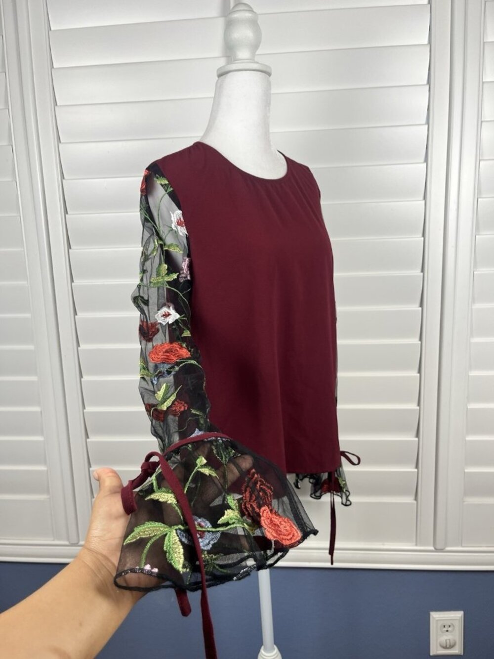 Sace Burgundy Floral Embroidered Mesh Bell Sleeve Blouse Large Romantic Boho